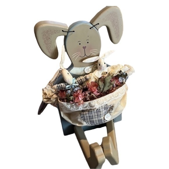 Vintage Wooden Bunny Rabbit with pouch of baby rabbits. Blue and Tan. - Picture 1 of 5